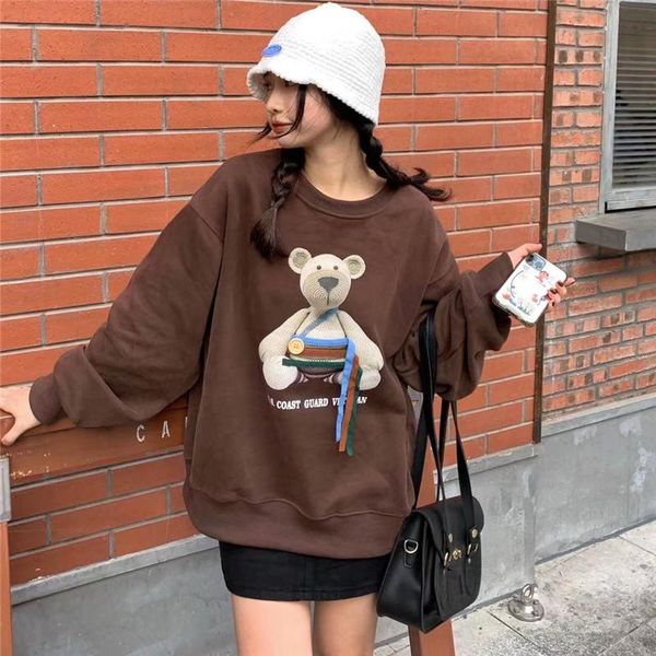 

women's hoodies & sweatshirts cute bear print pullover for lady button hoodie oversized ribbon sweatshirt long sleeve aesthetic korean, Black