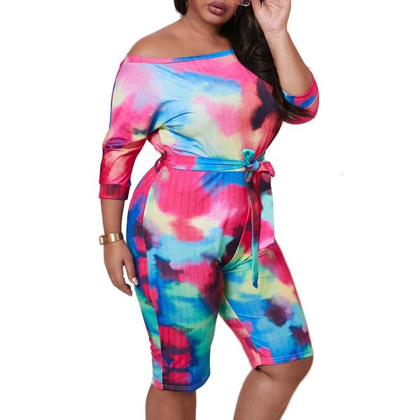 

multicolor tie-dye printed women plus size l-3xl jumpsuits lady's casual slash-neck half sleeve knee-length rompers with sashes, Black;white