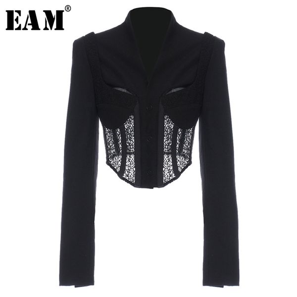 

[eam] women black lace irregular short blazer lapel long sleeve loose fit jacket fashion spring autumn 1y566 211006, White;black