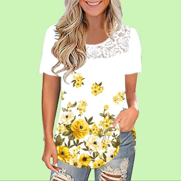 

women's t-shirt women lace hollow out splicing t shirt summer floral print casual short sleeve loose ladies streetwear large size 5xl, White