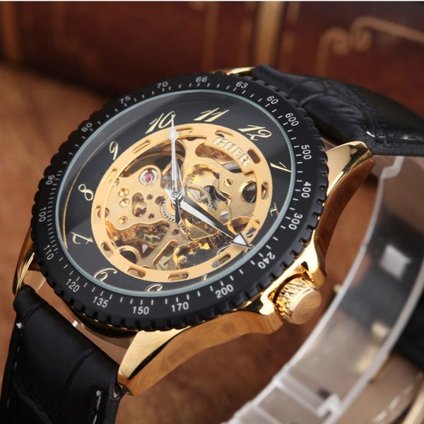 

t-goer / gore business leisure gold men's belt wristwatch automatic mechanical watch, Slivery;brown