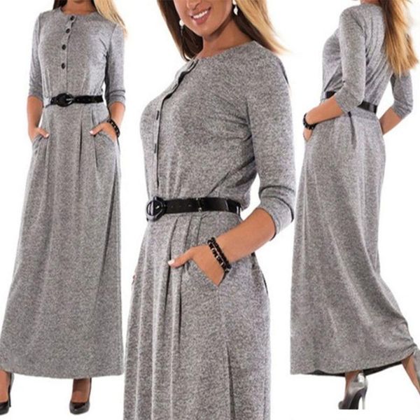 

casual dresses autumn plus size 6xl dress fashion elegant solid colour long sleeve high waist mature women round neck pin up sashes, Black;gray