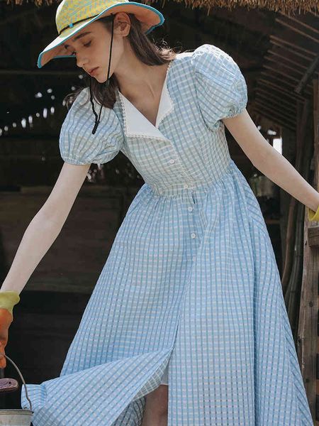 

casual dresses women summer korean fashion plaid midi vintage french elegant slim puff sleeve blue shirt vestidos de mujer zru1, Black;gray