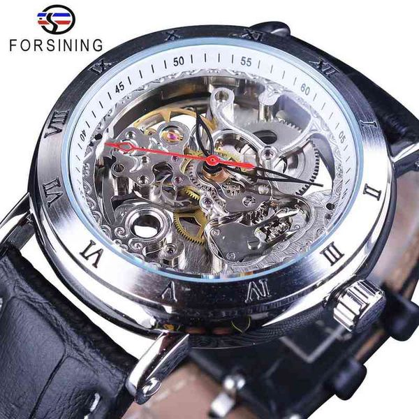 

movement refining waterproof gear flower transparent leather men skeleton mechanical automatic watches brand luxury, Slivery;brown