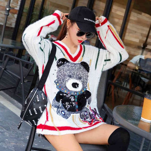 

european station ladies knit mid-length lazybones loose style heavy v-neck neck industry wear sweater, White;black