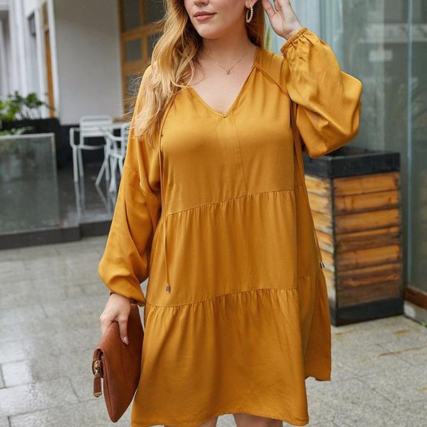 

spring autumn ladies plus size dress for women large casual loose long sleeves solid color v-neck ruffle dresses, Black;gray
