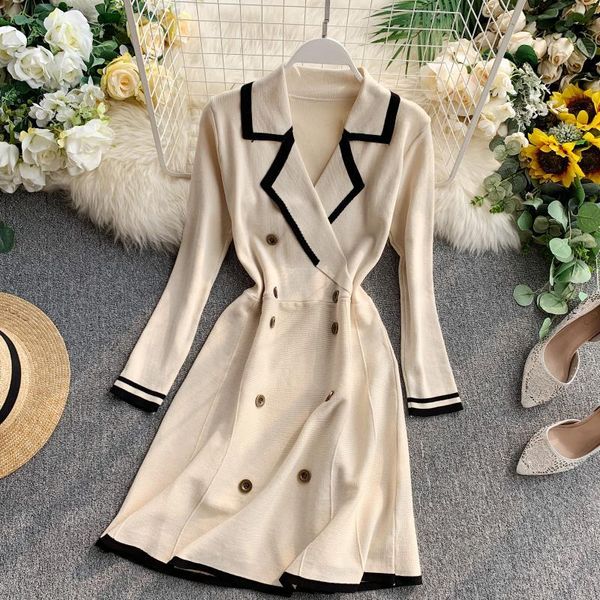 

casual dresses women's dress turn-downÂ collar v neck contrast color long sleeves button decoration wholesale autumn winter 2021 lady cl, Black;gray