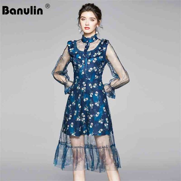 

banulin summer runway flower mesh dress women's flare sleeve stand floral blue stitching office work party dresses 210603, Black;gray