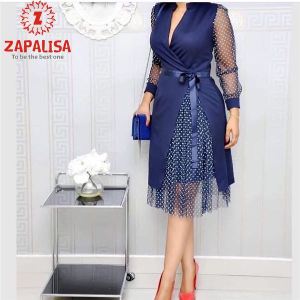 

zapalisa 2021 office lady spring dresses women slit see through lace patchwork belt bandage dress polka dot a-line elegant dress, Black;gray