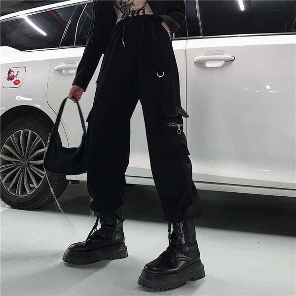 

women's pants & capris qweek gothic techwear black cargo women goth streetwear punk oversized wide leg trousers for female joggers swea, Black;white