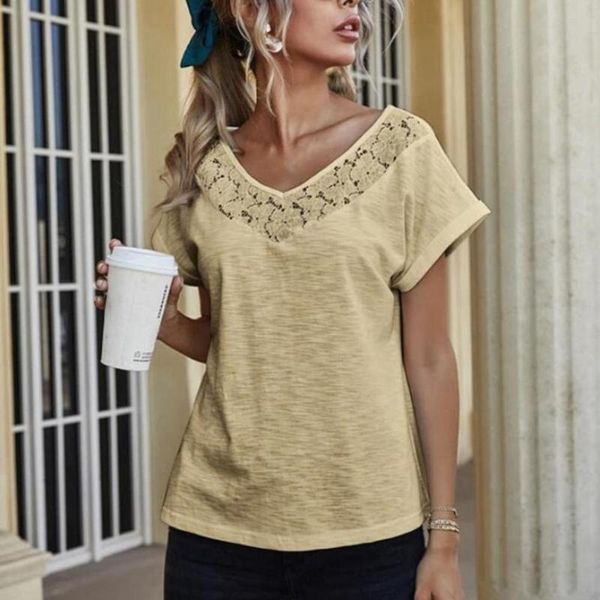 

women's t-shirt lace white shirts and for female 2021 summer v-neck loose short-sleeved bottoming shirt casual