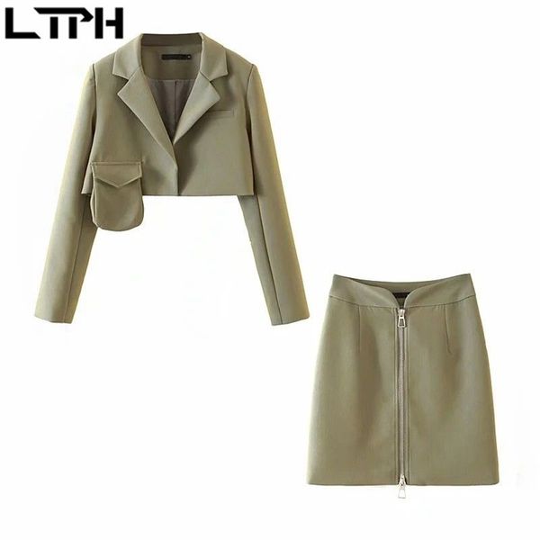

ltph casual skirt suits two piece set women none button cardigan pockets blazer high waist zipper skirts outfits summer 210423, White;black