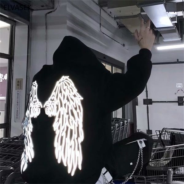 

long sleeve reflective shirt harajuku shirt japan oversize black angel wing shirt women shiny cloth with a hood hoodies 210728