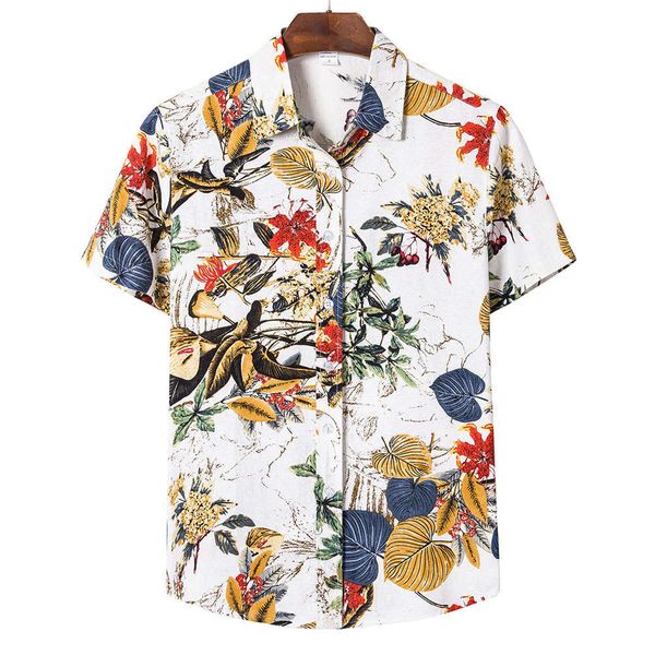 

men's shirt large fashion leaf print short sleeve british men's floral shirt, White;black