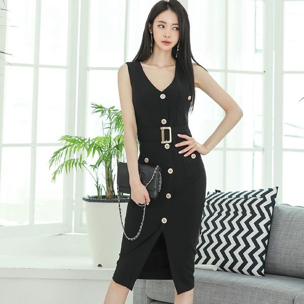 

casual dresses women summer sleeveless bodycon dress ladies party with button work wear, Black;gray