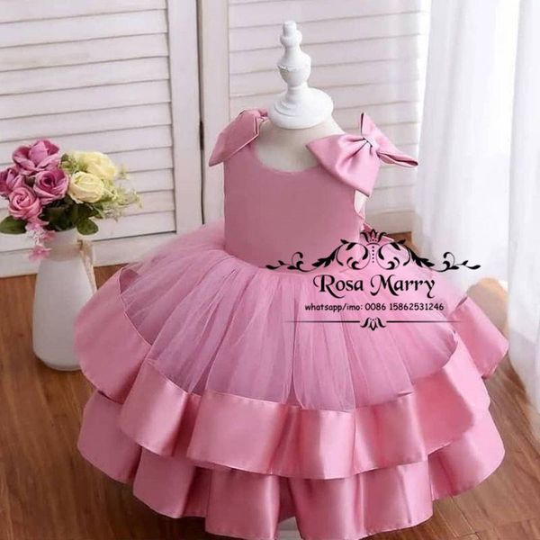 

pink ball gown cupcake flower girls dresses 2021 bow tiered tulle birthday party prom first communion gowns girl's, Red;yellow