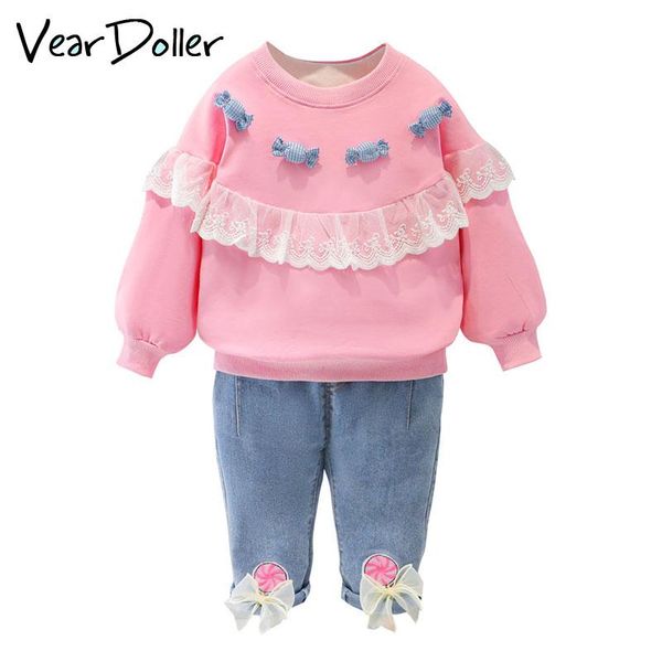 

clothing sets veardoller fashion kids suis long sleeve lace t-shirt + bow jeans two-pieces set spring autumn girl clothes children's, White