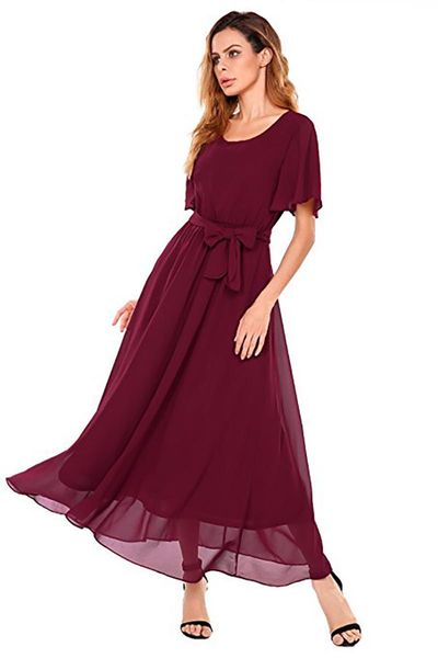 

party dresses round neck half-sleeved waist tie chiffon evening dress spring thin female long section formal for women, White;black