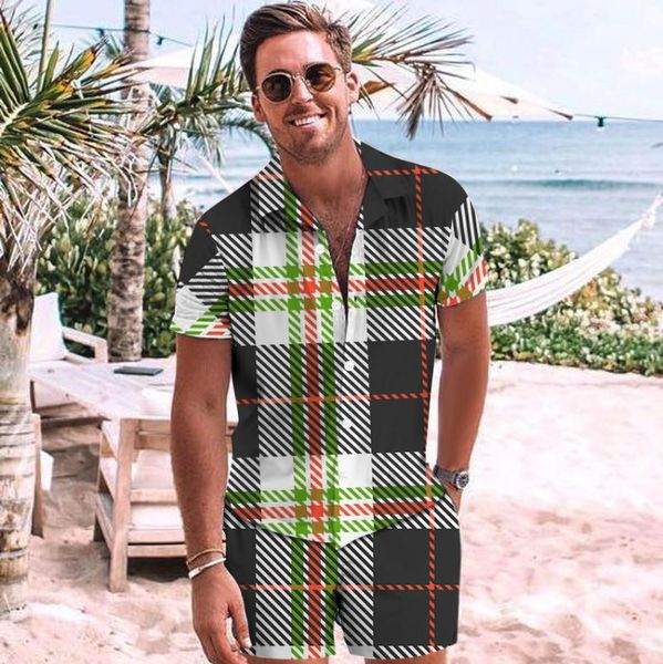 

men's casual shirts summer sportswear short-sleeved shirt loose beach shorts suit two-piece seaside vacation style, White;black