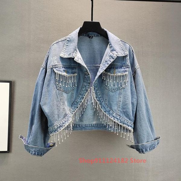 

denim short jacket women's 2021 spring and autumn european station loose thin heavy industry rhinestone fringed jackets, Black;brown