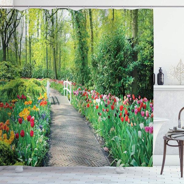 

shower curtain set with 12 hooks,country tulips in gardens path along colorful flowers nature,machine washable,72" x 72"