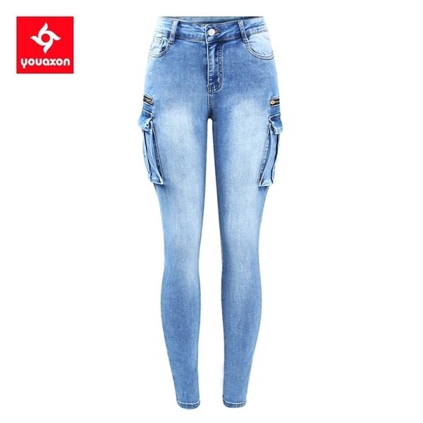 

2237 youaxon big plus size classic multiple pockets jean`s ultra stretchy denim pants trousers for women 210809, Blue