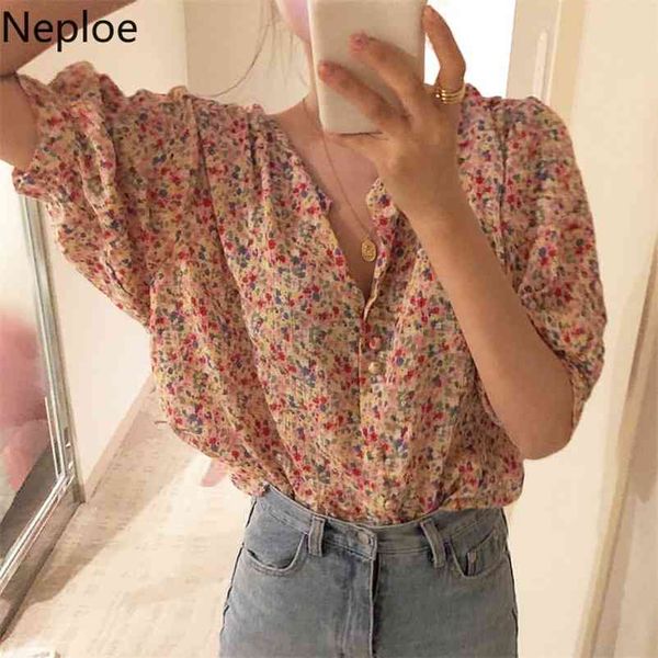 Blumendruckbluse Frauen Frühling Koreanischer Chic V-Ausschnitt Halbarm Damenhemd Retro Knöpfe Chiffon Weibliches Top A10000 210422