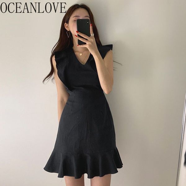 

solid ruffles bodycon dress women chic korean vintage v neck vestidos spring summer fashion mini dresses 14672 210415, Black;gray