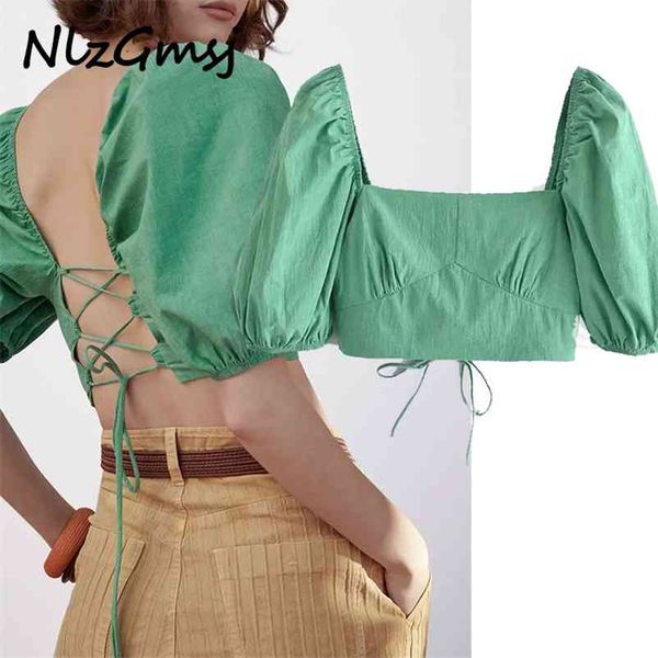 

blouse women crop woman fashion square neck puff sleeve summer green cross straps female blouses 03 210628, White