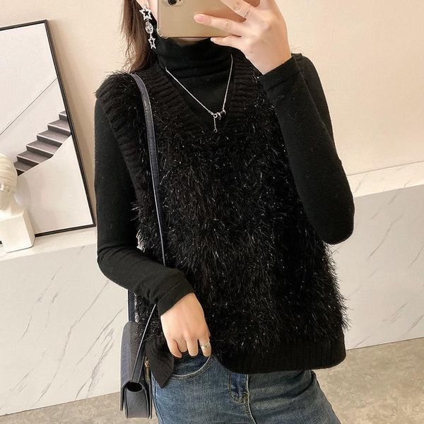 

women's sweaters 2021 spring and autumn v-neck vest female korean loose pullover knitted waistcoat student top, White;black