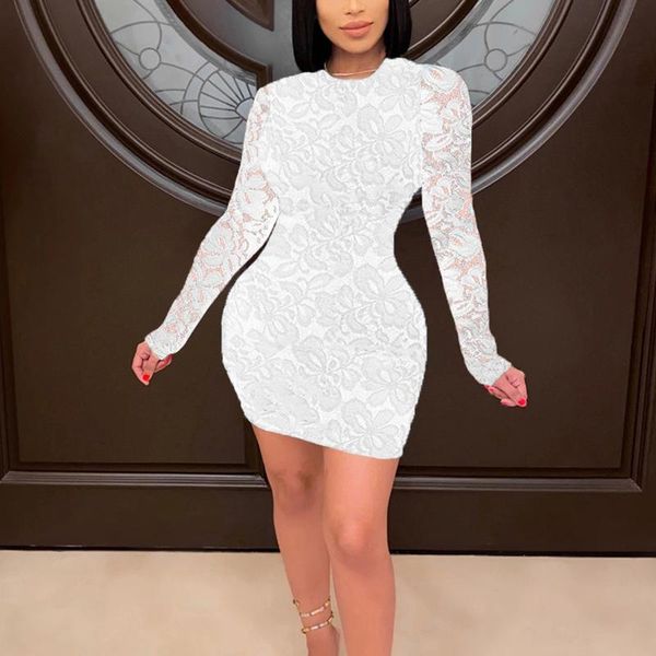 

casual dresses women bodycon dress round neck hollow out long sleeve flower lace tight mini, Black;gray