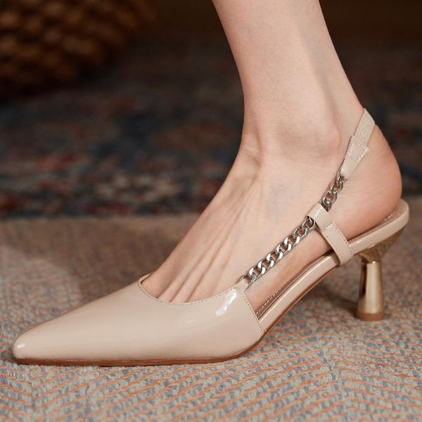 

dress shoes women's genuine leather thin high heel pointed toe slip-on pumps elegant ladies spring slingback chain decoraion, Black