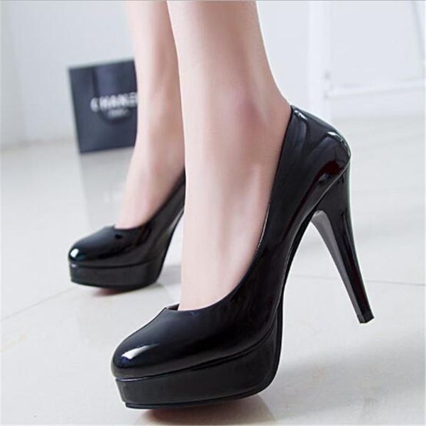 

dress shoes fashion mature women pumps classic patent leather high heels nude sharp head paltform wedding plus 34-42, Black