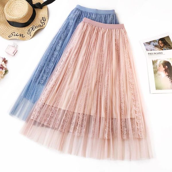 Saias mulheres plissadas saia renda de tule malha de tulle pardo high way saias long Faldas Mujer Vestido de baile plus size