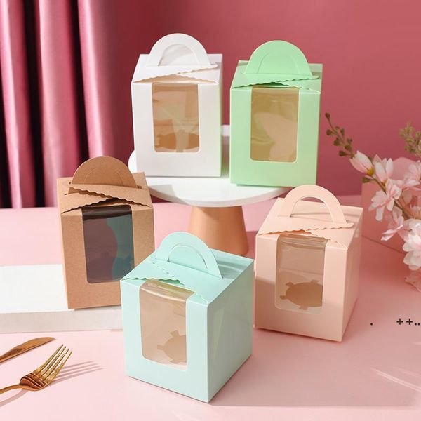 Одиночные коробки кекс с четкой ручкой Window Portable Macaron Box Mousse торт закуски коробки бумаги пакет коробка рождения вечеринка поставка RRD11523