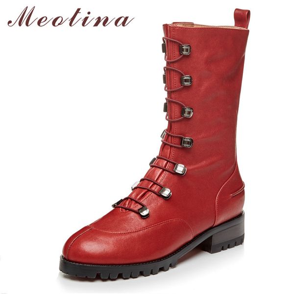 

sheepskin mid calf boots women natural genuine leather thick heel fashion round toe shoes lady autumn red size 39 210517, Black