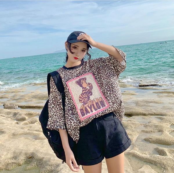 

zng 2021 summer leopard print ladiescotton shirts femme short sleeve creative tee women o-neck loose t, Black;gray