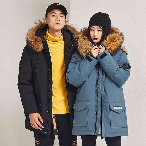 

white duck feather men's coat, warm collar leather et, couple winter cloth., Black