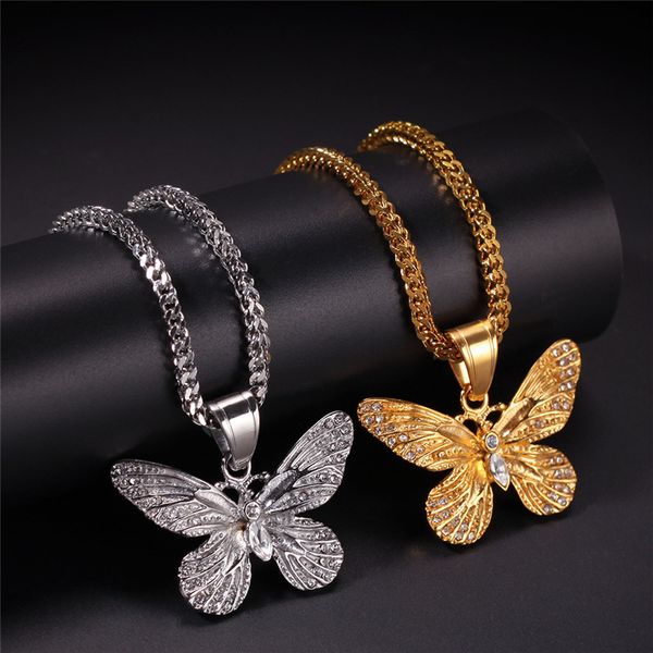 

2021 fashion personality charm men women hip hop stainless steel rhinestone butterfly pattern pendant jewelry christmas gift gold and silver
