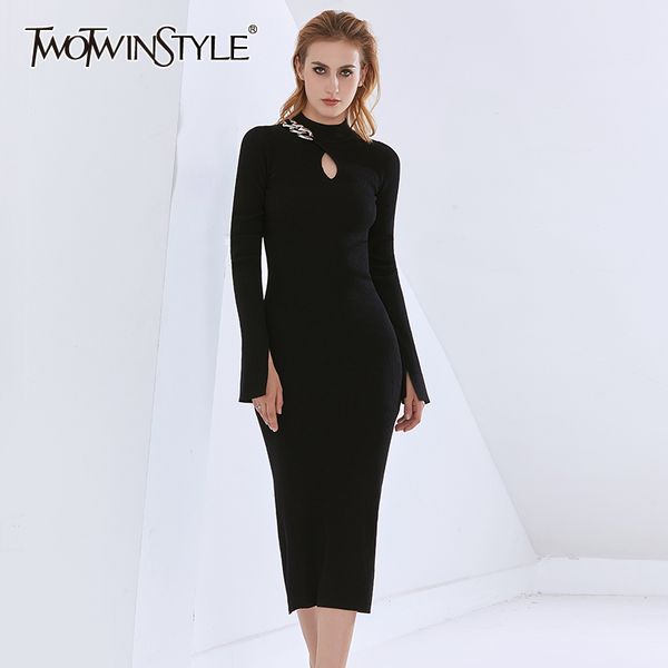 

twotwinstyle hollow out patchwork chain dress for female stand collar flare sleeve high waist knitted slim dresses female 210517, Black;gray