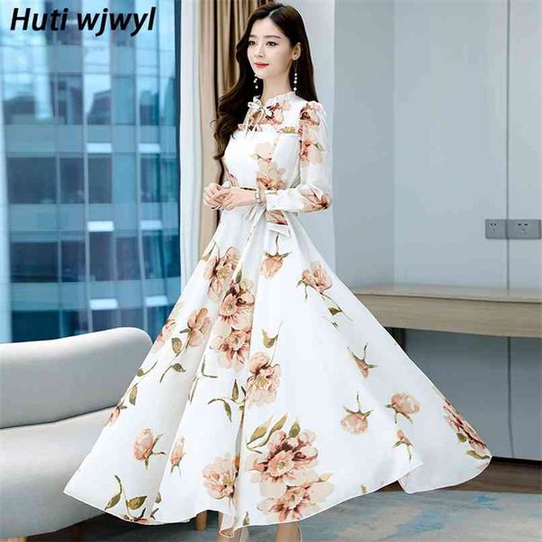 

autumn winter vintage women maxi dresses 4xl plus size print floral chiffon boho dress white casual party bodycon vestidos 210528, Black;gray