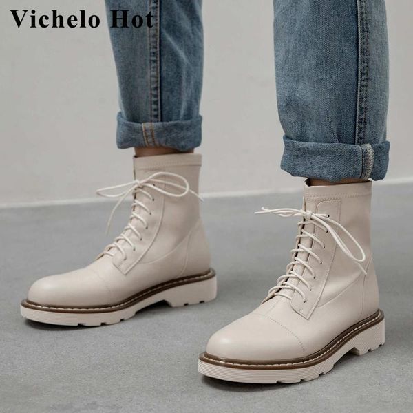 

boots vichelo punk cross-tied sewing winter shoes all-match real leather round toe thick med heel ankle l27, Black