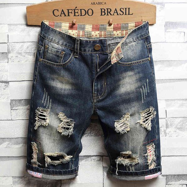 

fashion jeans summer men's capris straight loose trend holed denim pants, Blue