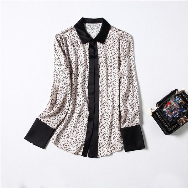 

women's blouses & shirts spring long sleeve lapel neck floral print natural real silk panelled single-breasted soie blouse elegant casu, White