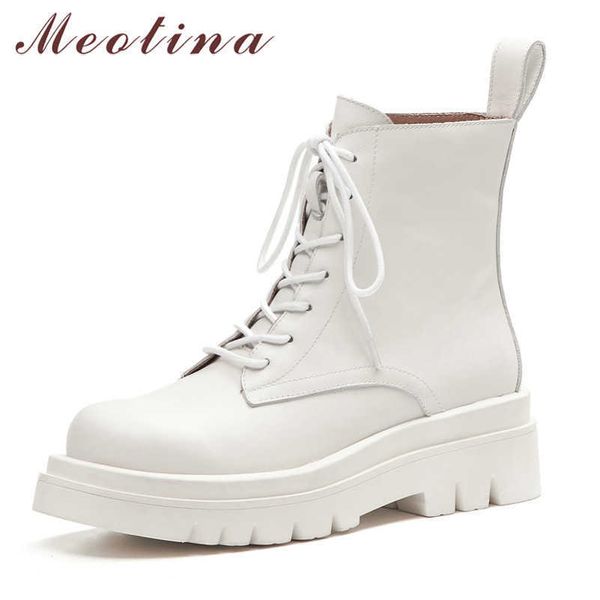 

meotina motorcycle boots women shoes real leather platform high heel ankle boots lace up block heels ladies short boots white 210608, Black