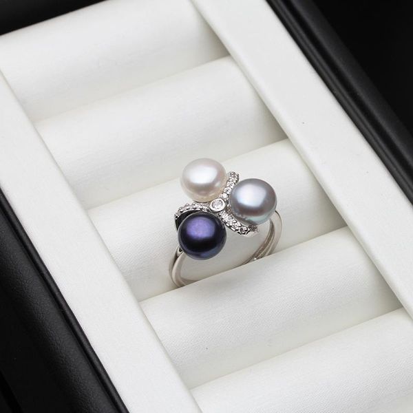 

cluster rings real freshwater natural pearl rings,wedding cute 925 silver women anniversary party white pink black, Golden;silver