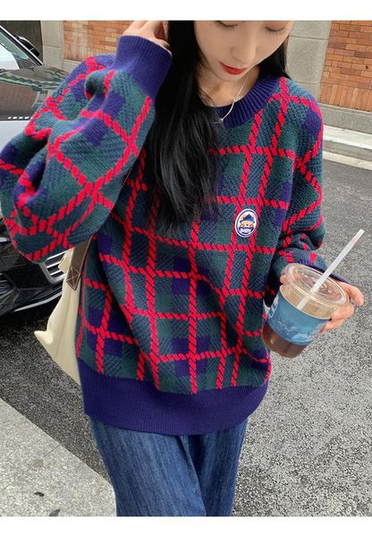 

women's sweaters kpop tide o-neck pullover knitwear for women fashion vintage plaid loose casual knit preppy style harajuku ins, White;black