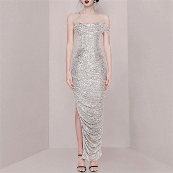 

off the shoulder sequin party dress women high split maxi sleeveless bodycon vestidos 210603, Black;gray