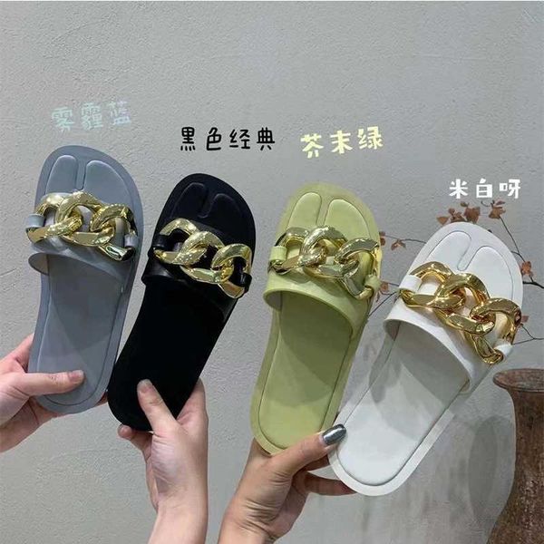 

slippers women's shoes flat sandals toe one line with metal chain casual lazy wear beach, Black