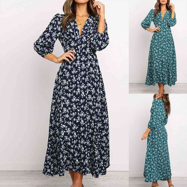 

maxi summer floral print womens dress v neck boho long sleeve beach vacation dresses vestido de mujer, Black;gray